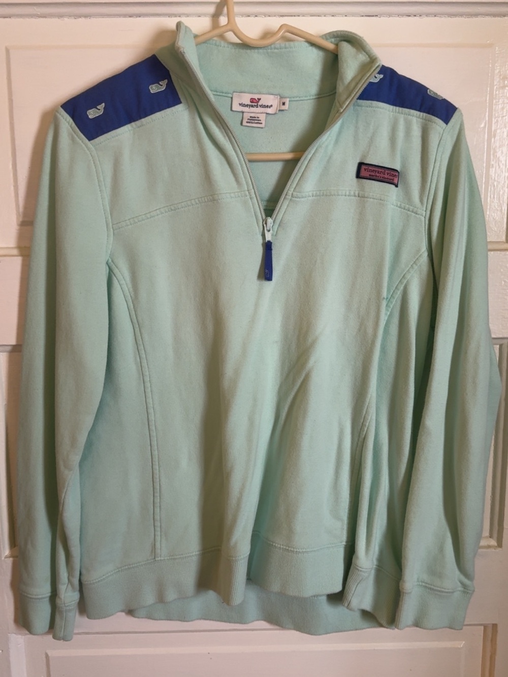 Vineyard Vines Mint Green Quarter-Zip Pullover with Navy Shoulder Accents